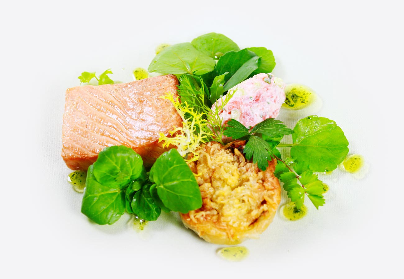 Lachsforellenfilet auf grünem Salat und Stampf auf weissem Grund.