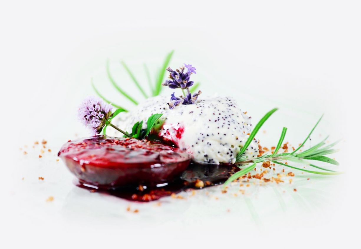 speisekarte - desser restaurant philippsthal, glänzende dunkelrote fruchtsoße an weissem eis mit mohncreme, dazu eine fliederblühte